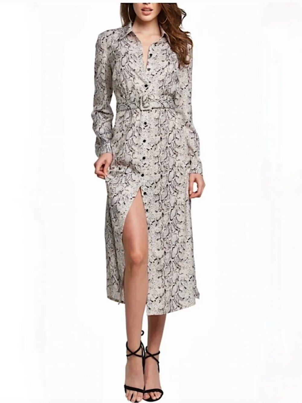 BARDOT Snake Print Long Sleeve Belted Midi Shirtdress